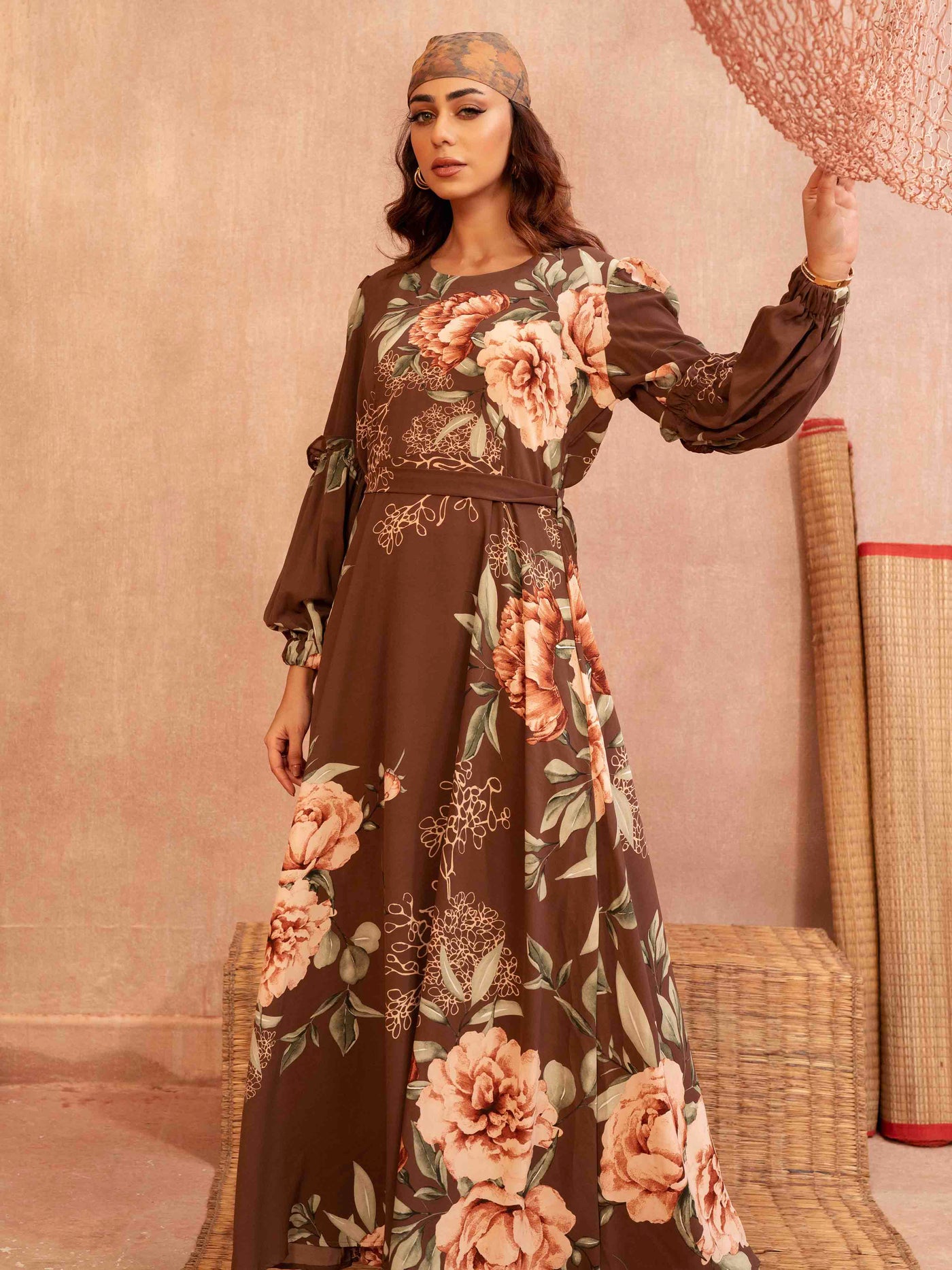 Coffee cream green floral printed Female Long Gown