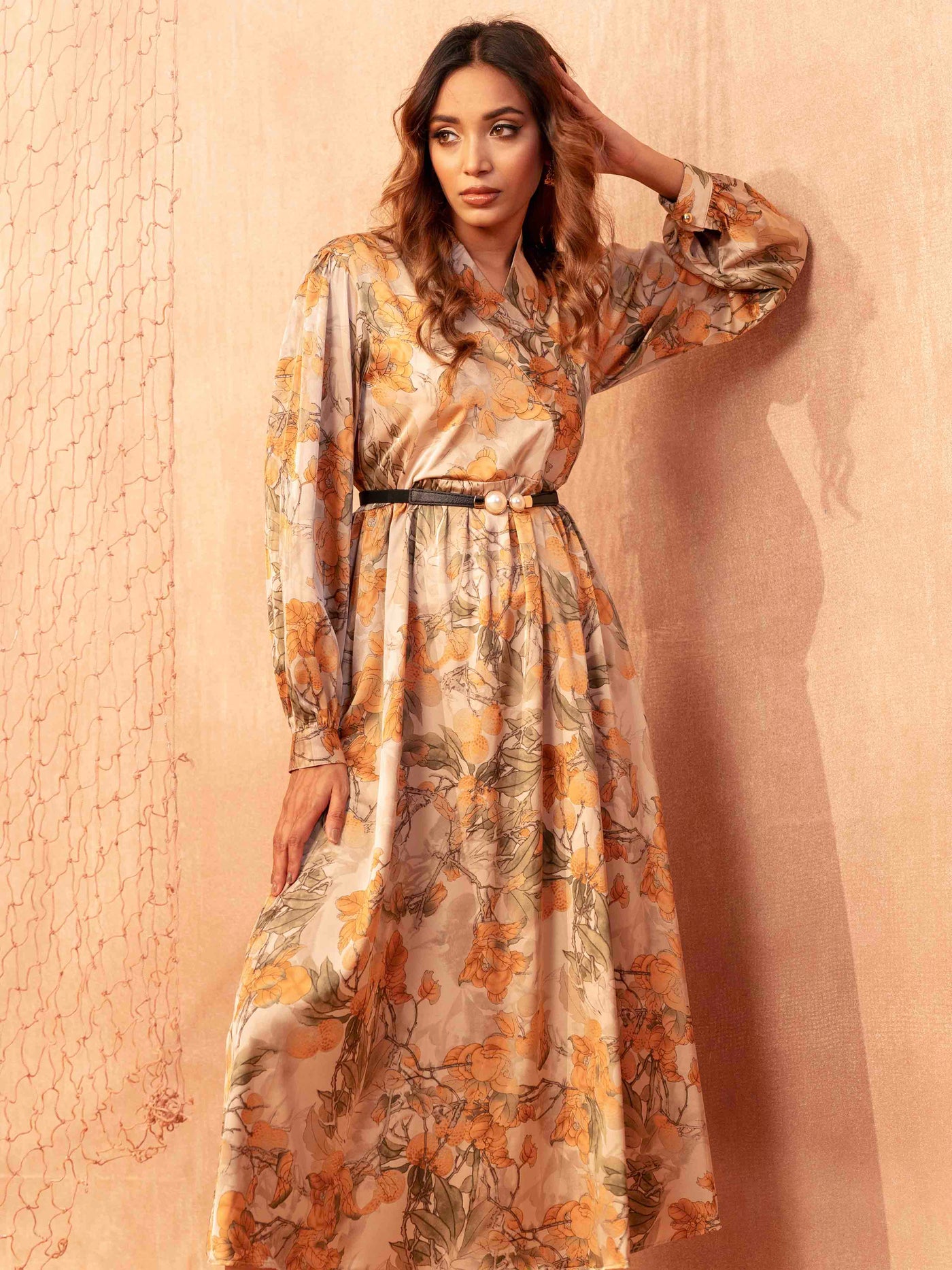 Coral Color With Yellow And Green Printed Semi Long Gown