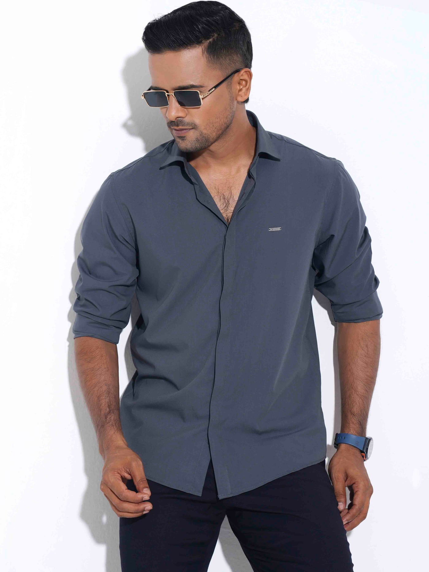 Gray color plated solid full sleeve shirt