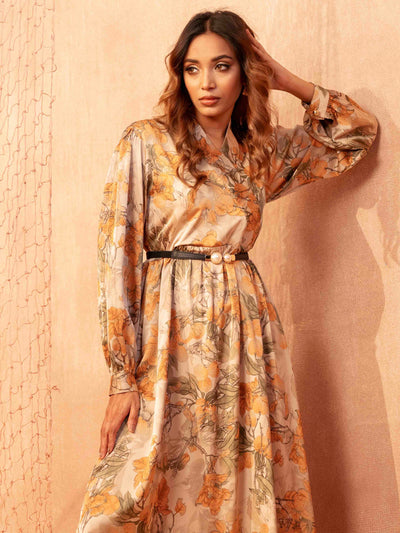 Coral Color With Yellow And Green Printed Semi Long Gown