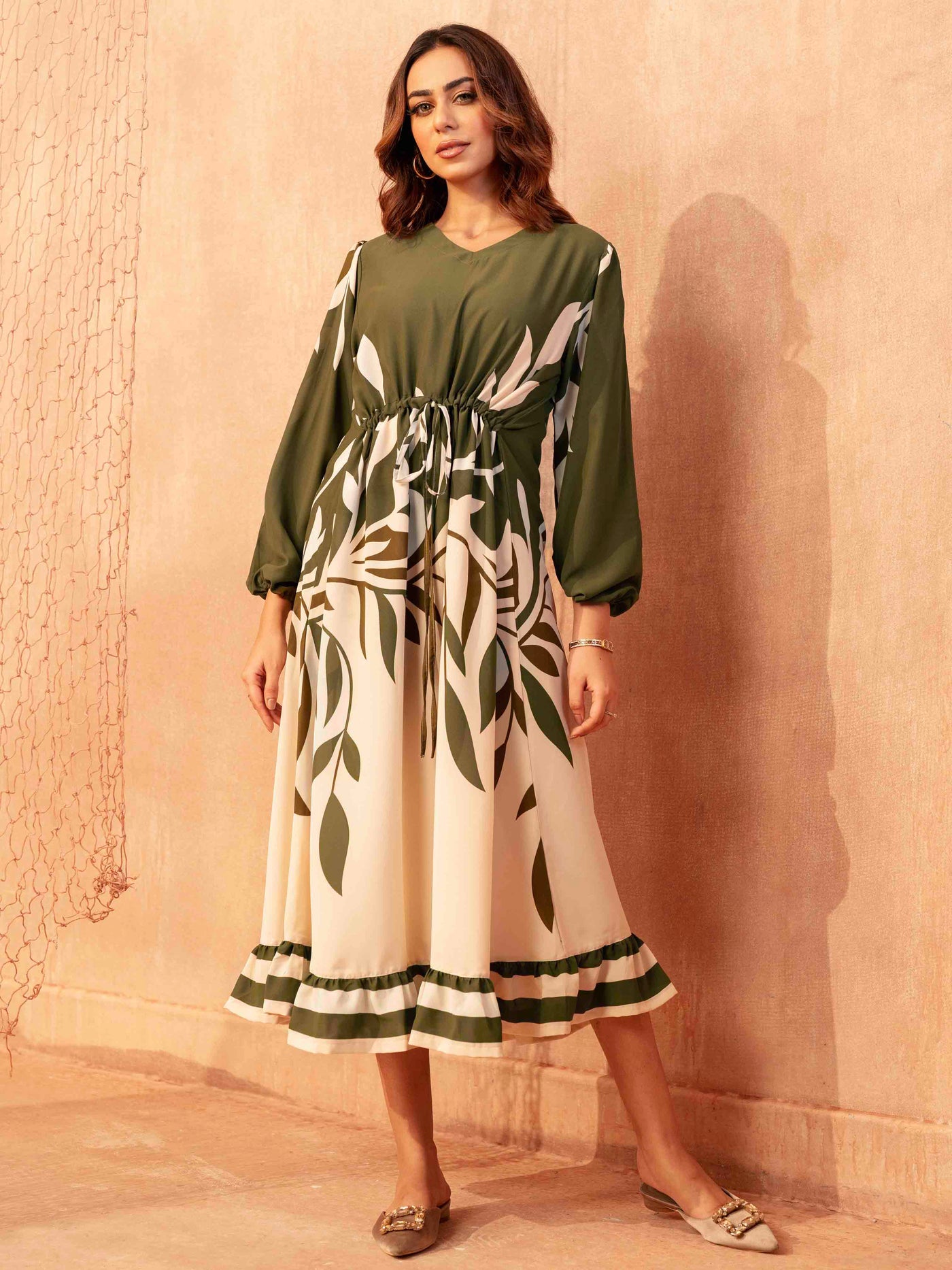 Cream and Army Green Printed Semi Long Dress