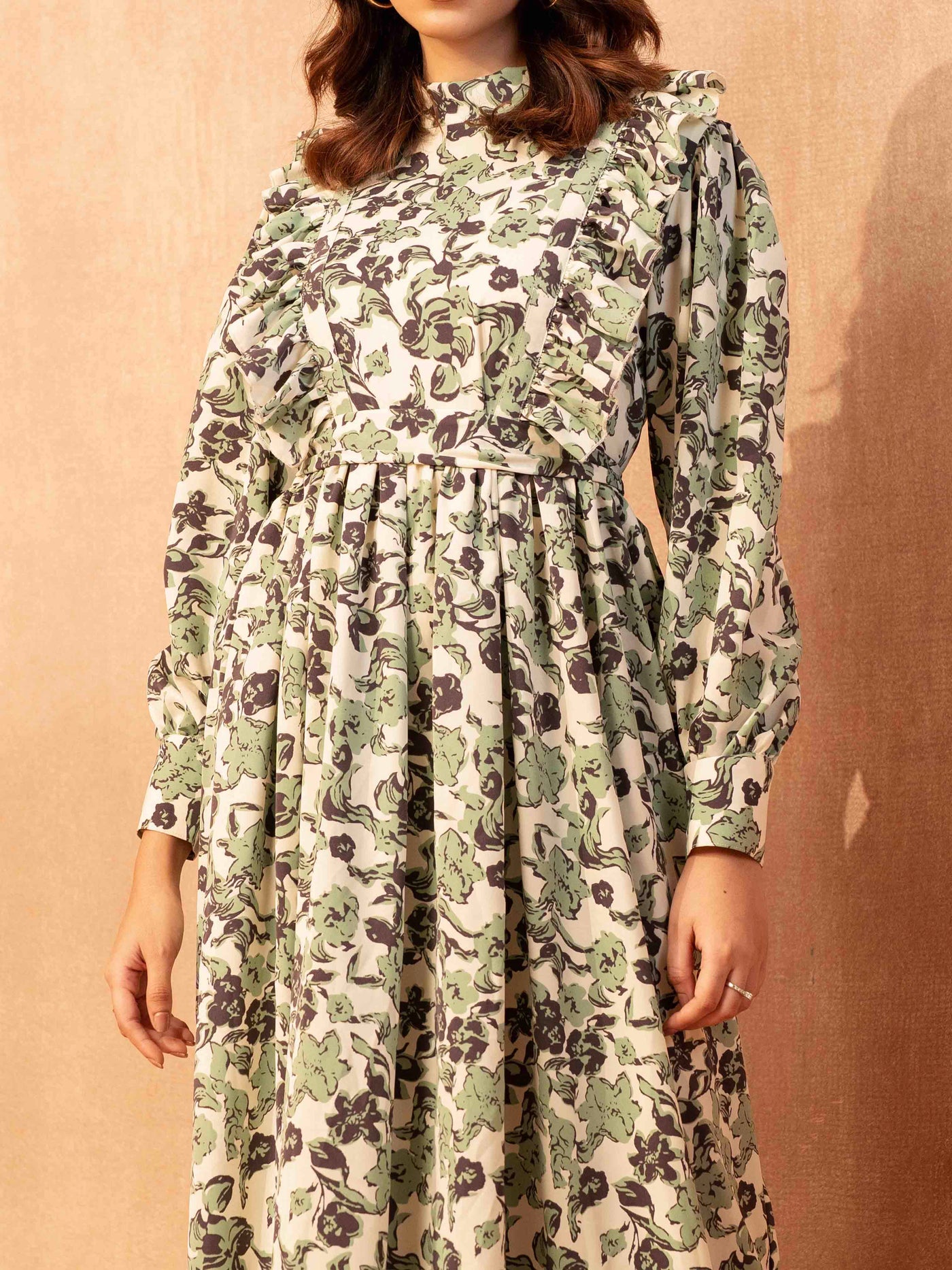 Cream Color with Emerald Floral Printed Long Gown