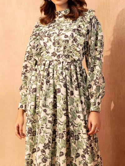 Cream Color with Emerald Floral Printed Long Gown