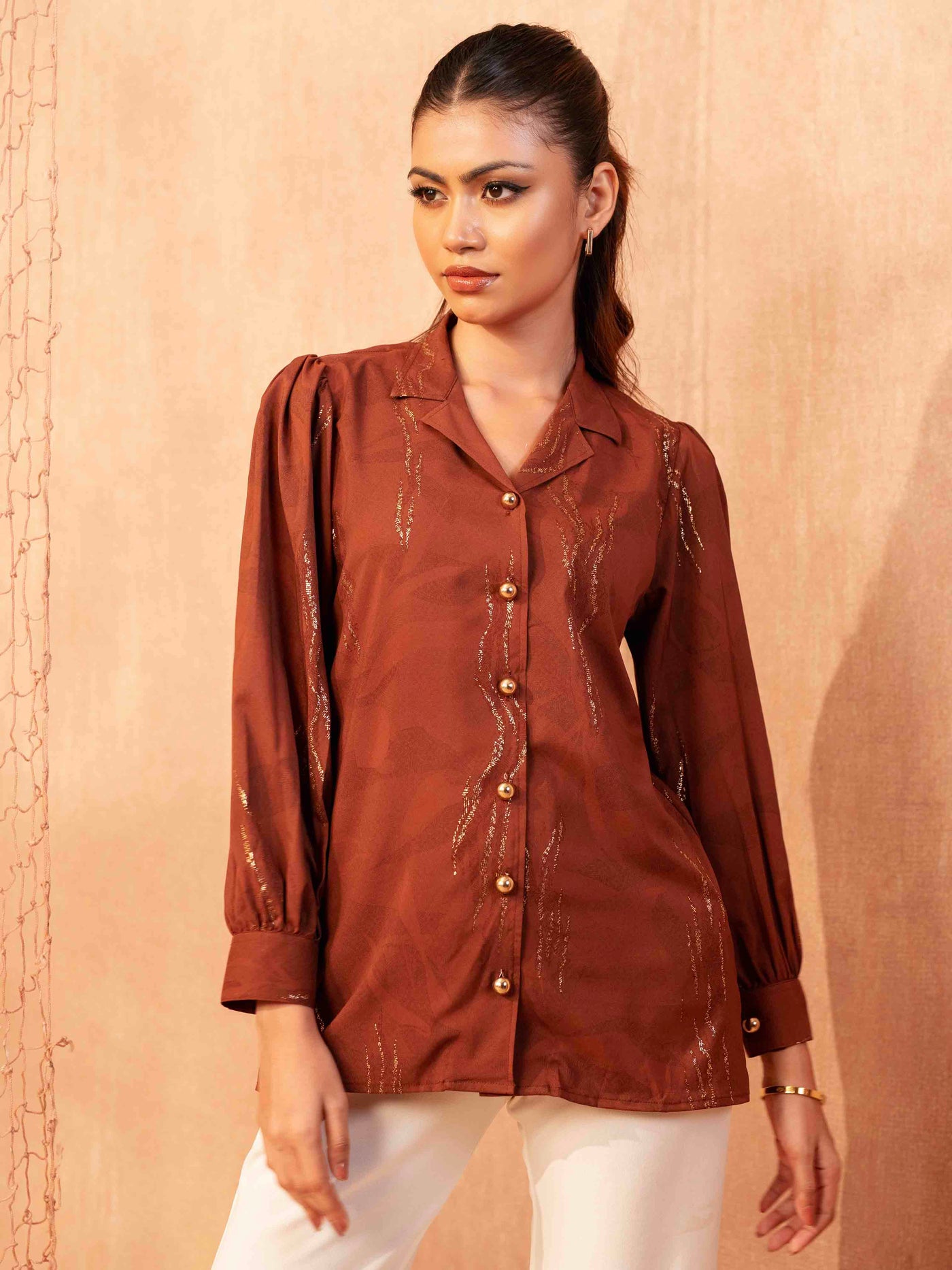 Red Brown With Golden Printed Female Shirt