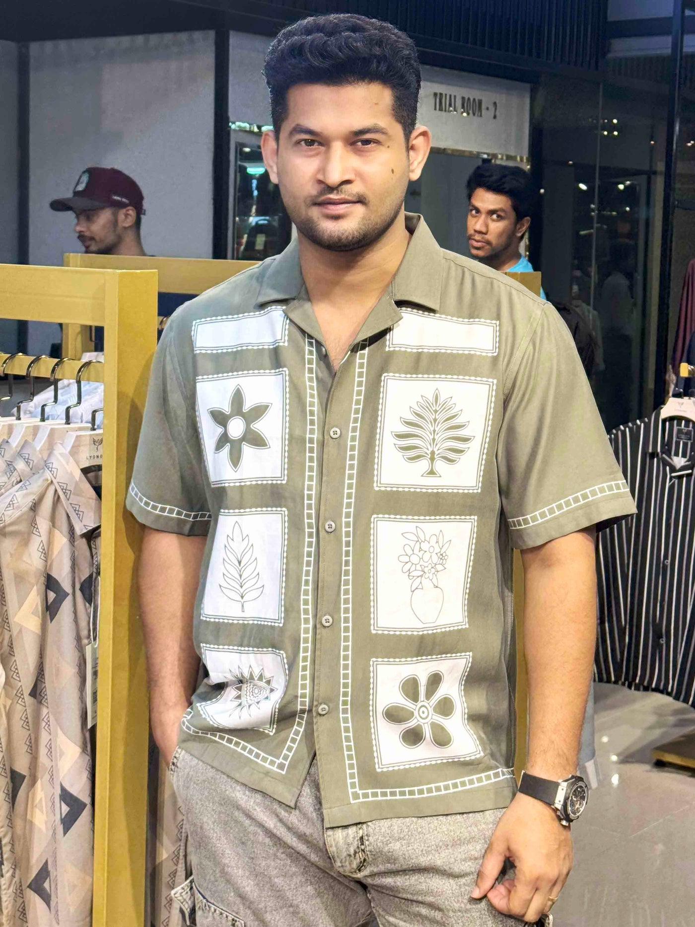 Olive Block Flower printed havana shirt