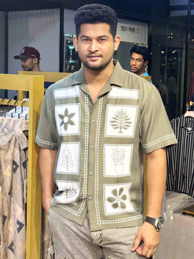 Olive Block Flower printed havana shirt