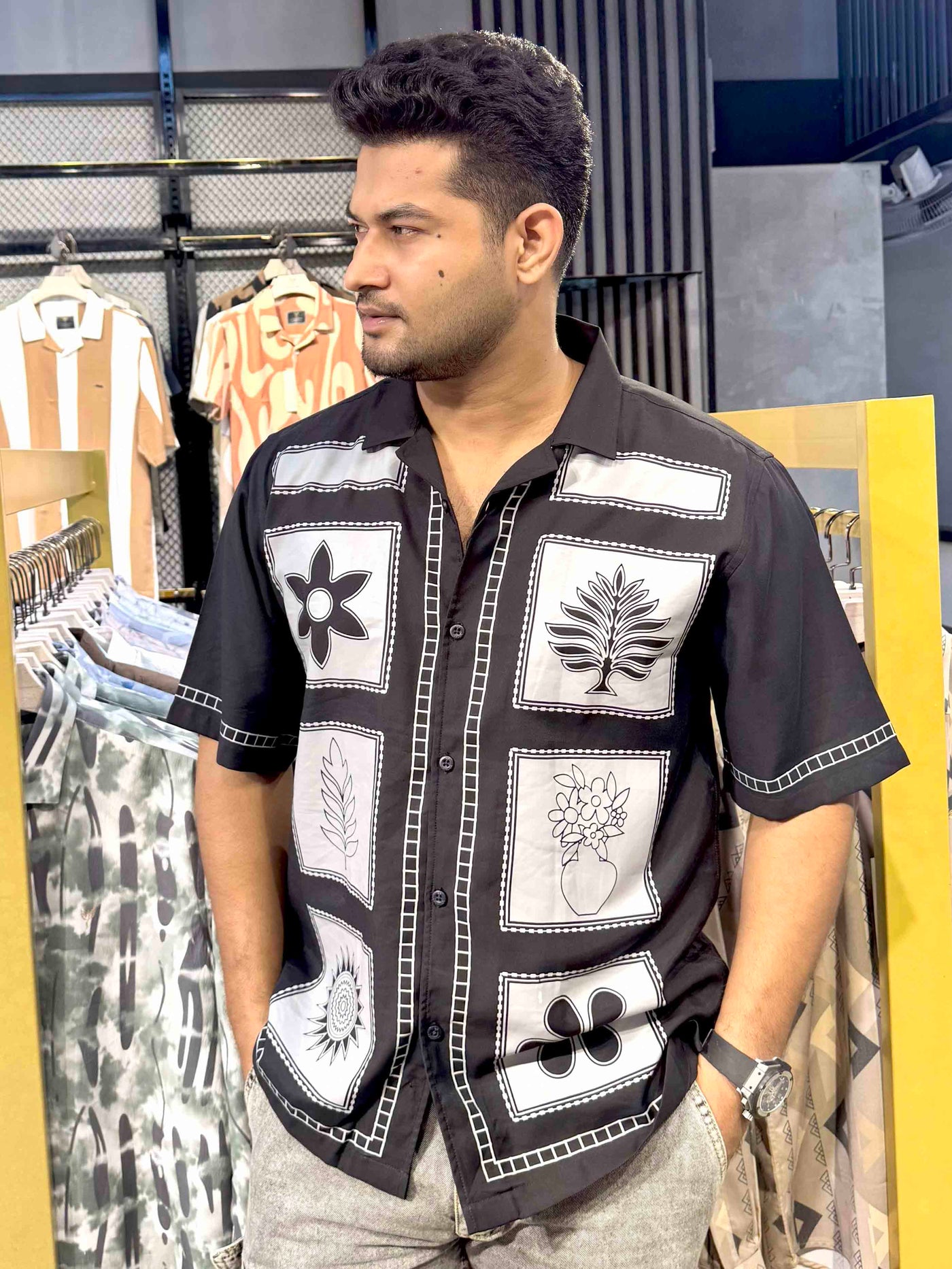 Black Block Flower printed havana shirt