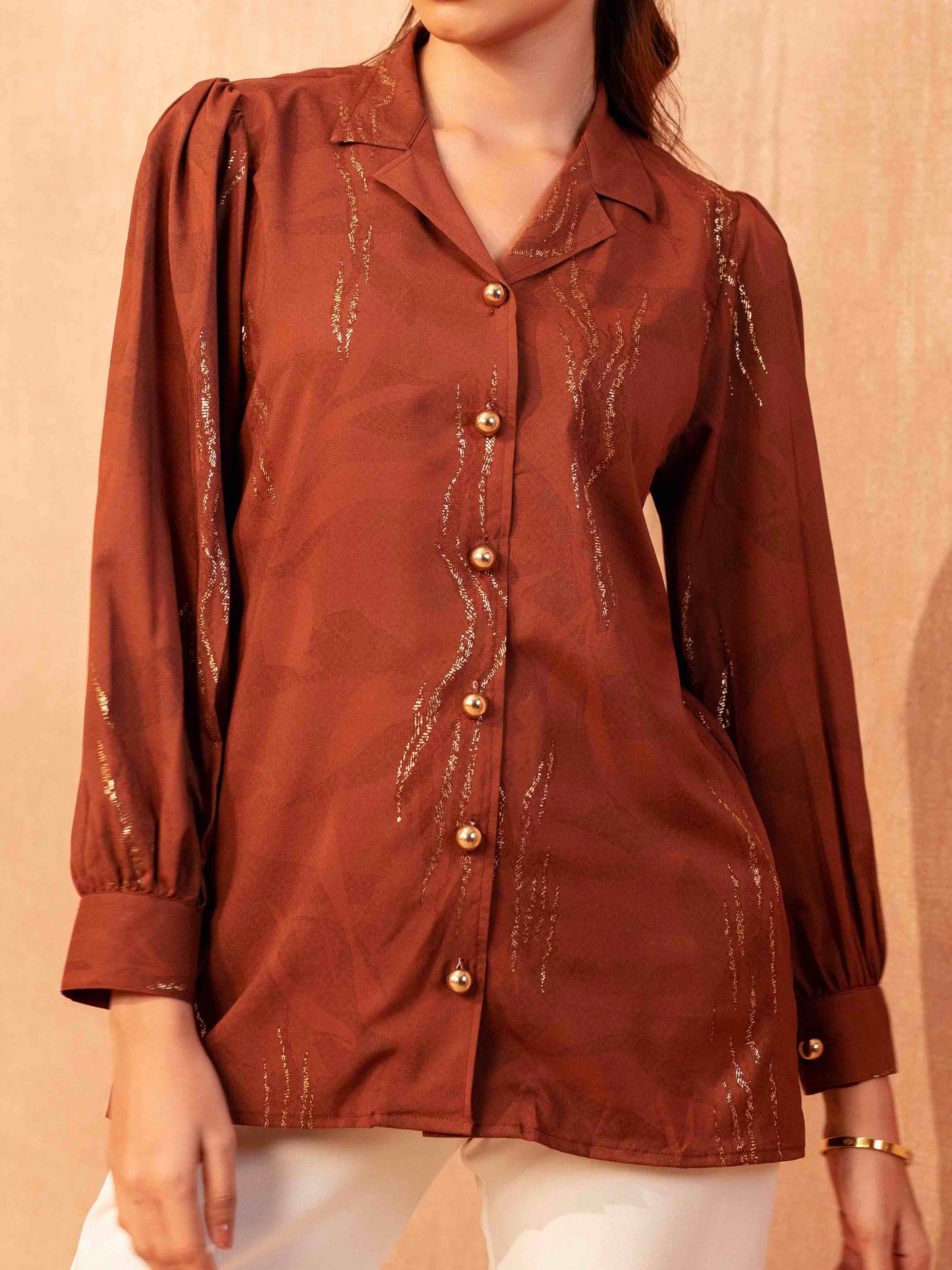 Red Brown With Golden Printed Female Shirt