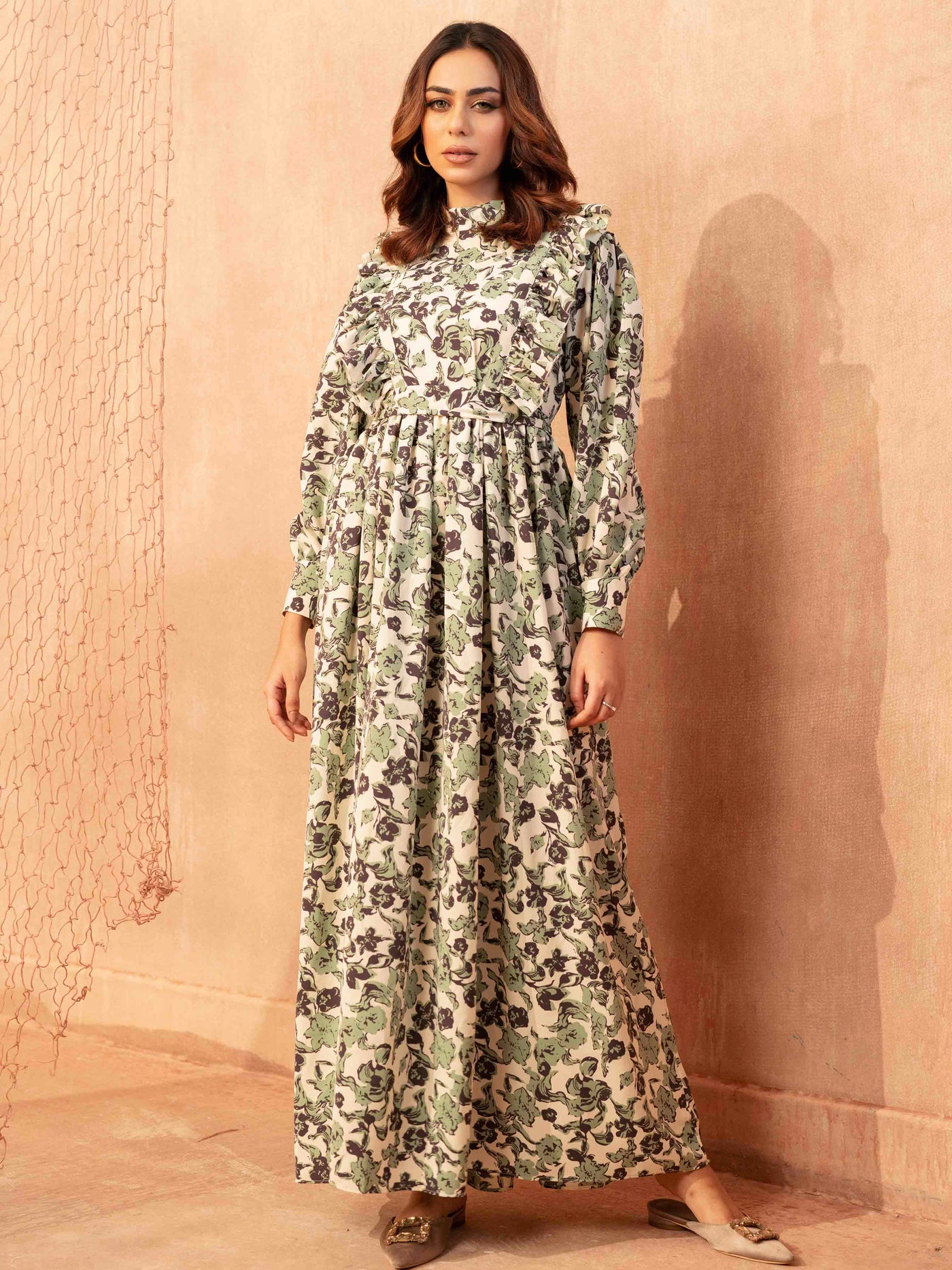 Cream Color with Emerald Floral Printed Long Gown