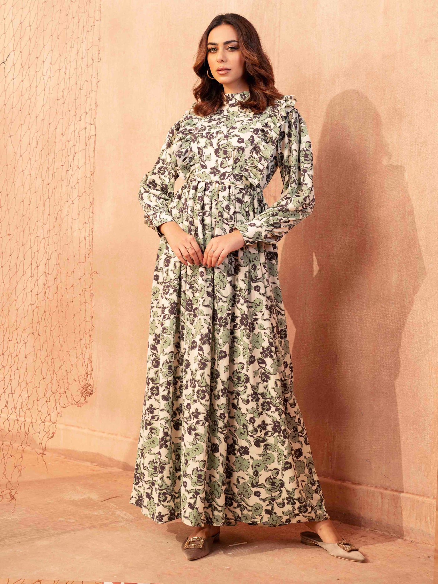 Cream Color with Emerald Floral Printed Long Gown