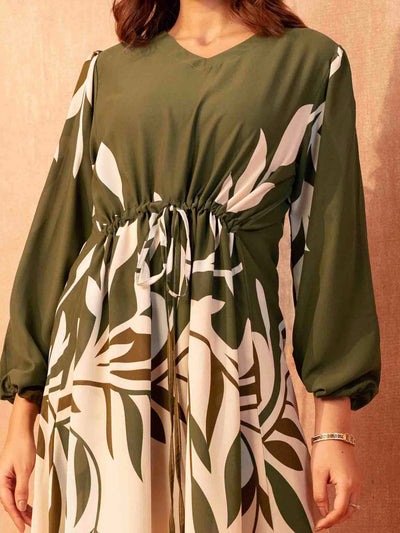 Cream and Army Green Printed Semi Long Dress