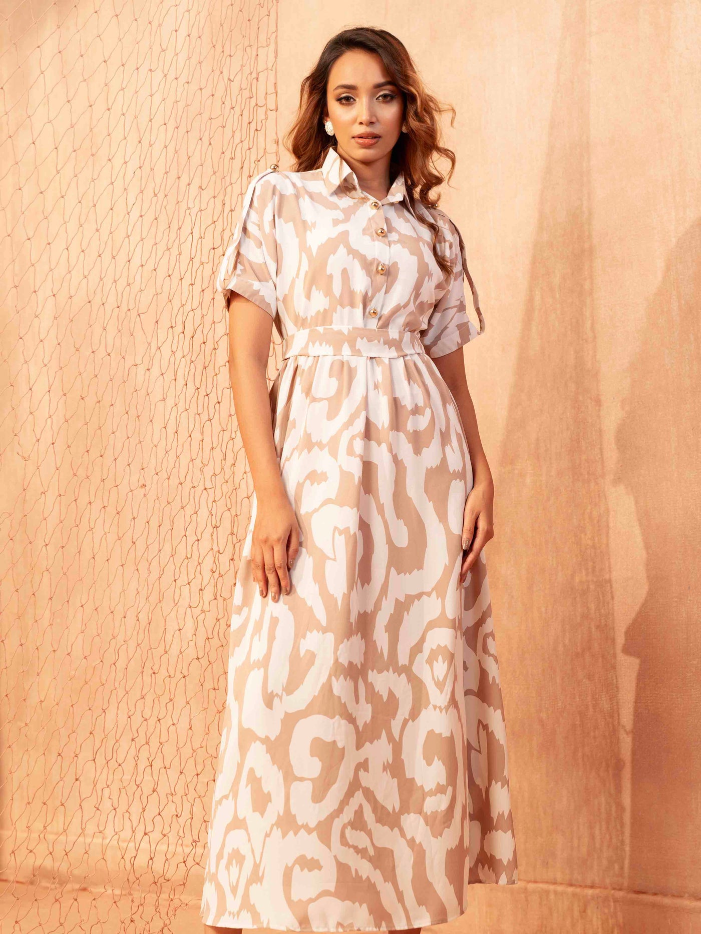 Cream nude Color Printed Ankle Gown