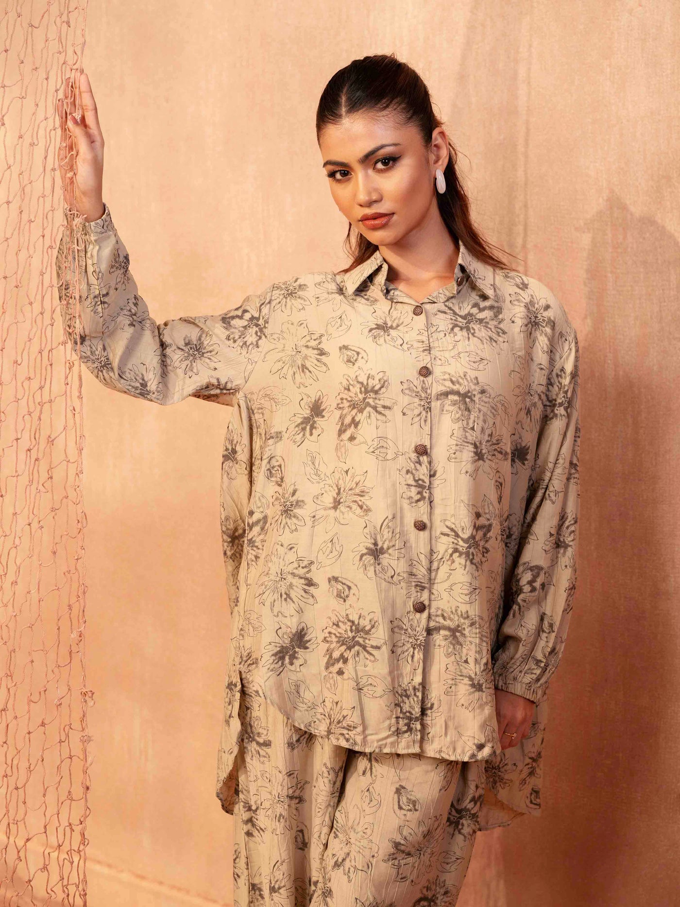 Cream Black leaf Printed Female Co-Ord Set