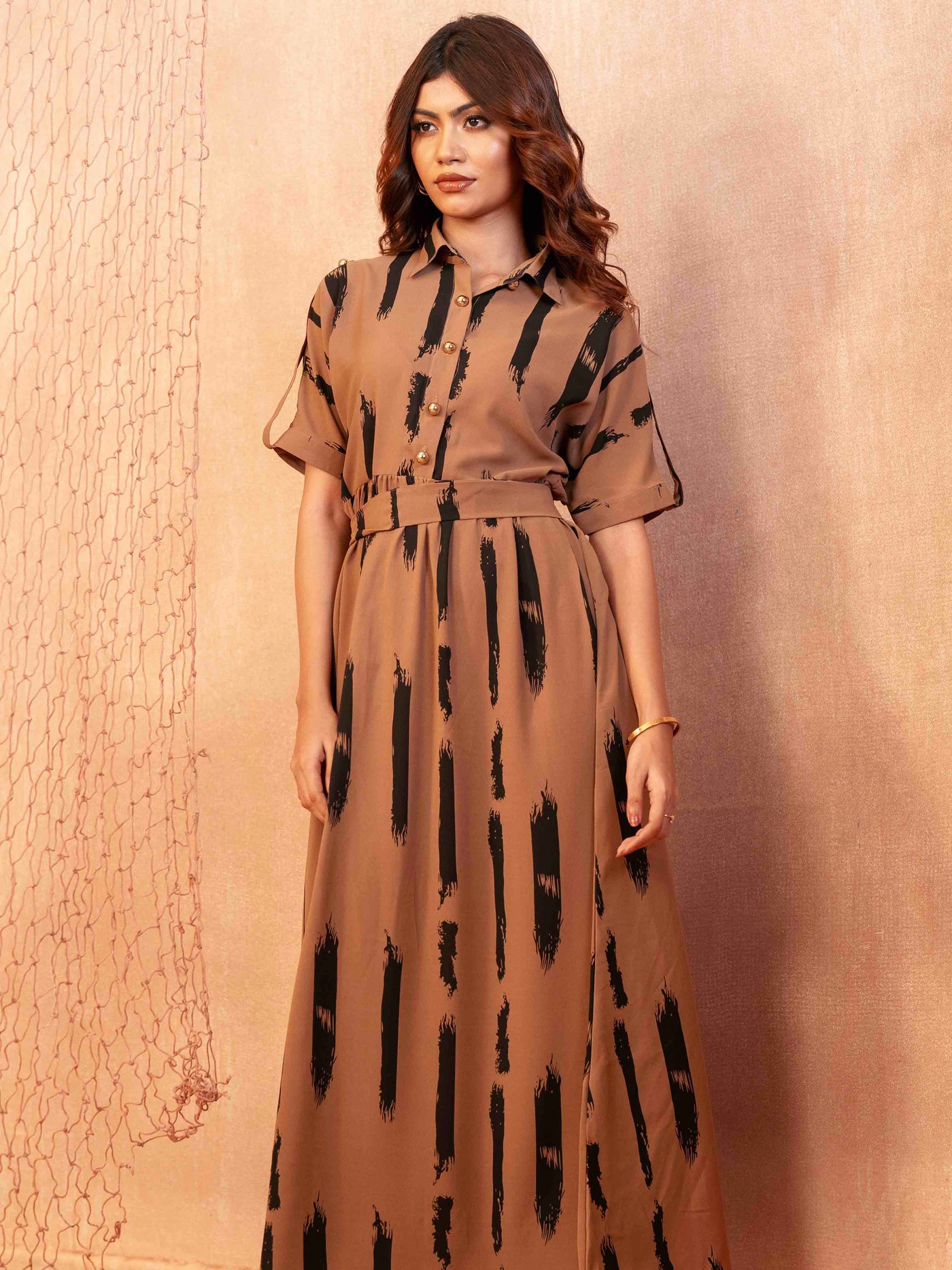 Walnut Color With Black Stripe Printed Semi Long Dress