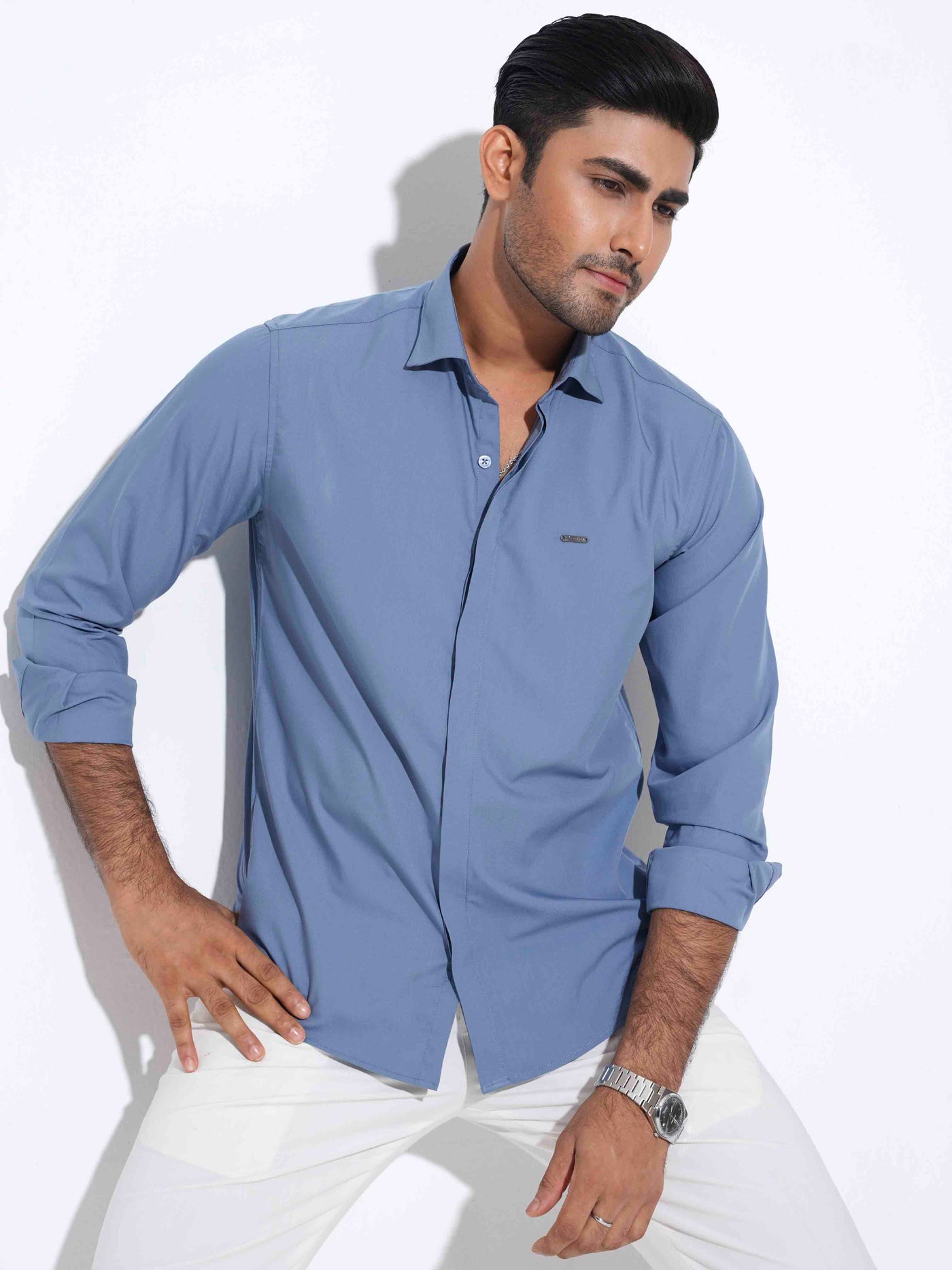 Sky color plated solid full sleeve shirt