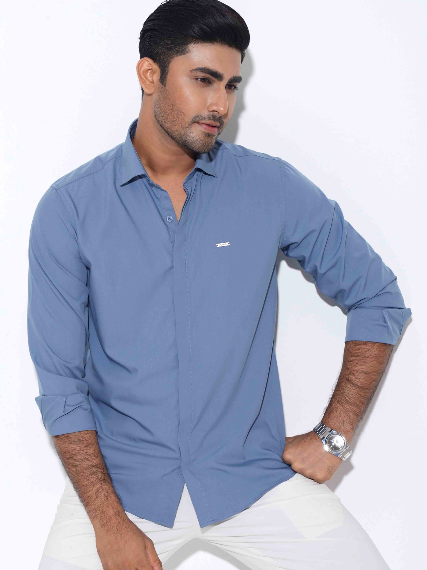Sky color plated solid full sleeve shirt