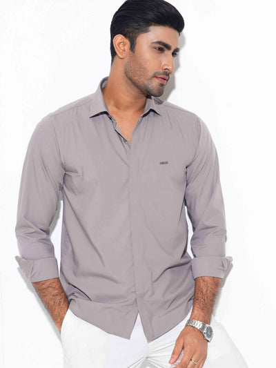 Beige color plated solid full sleeve shirt