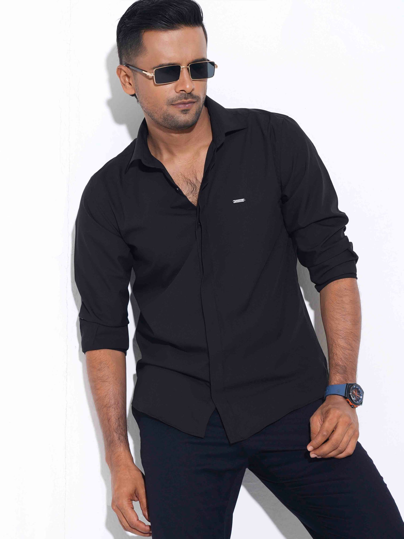 Black color plated solid full sleeve shirt