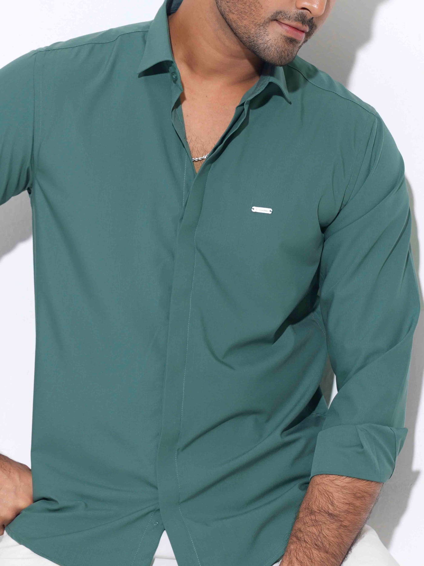 Green color plated solid full sleeve shirt