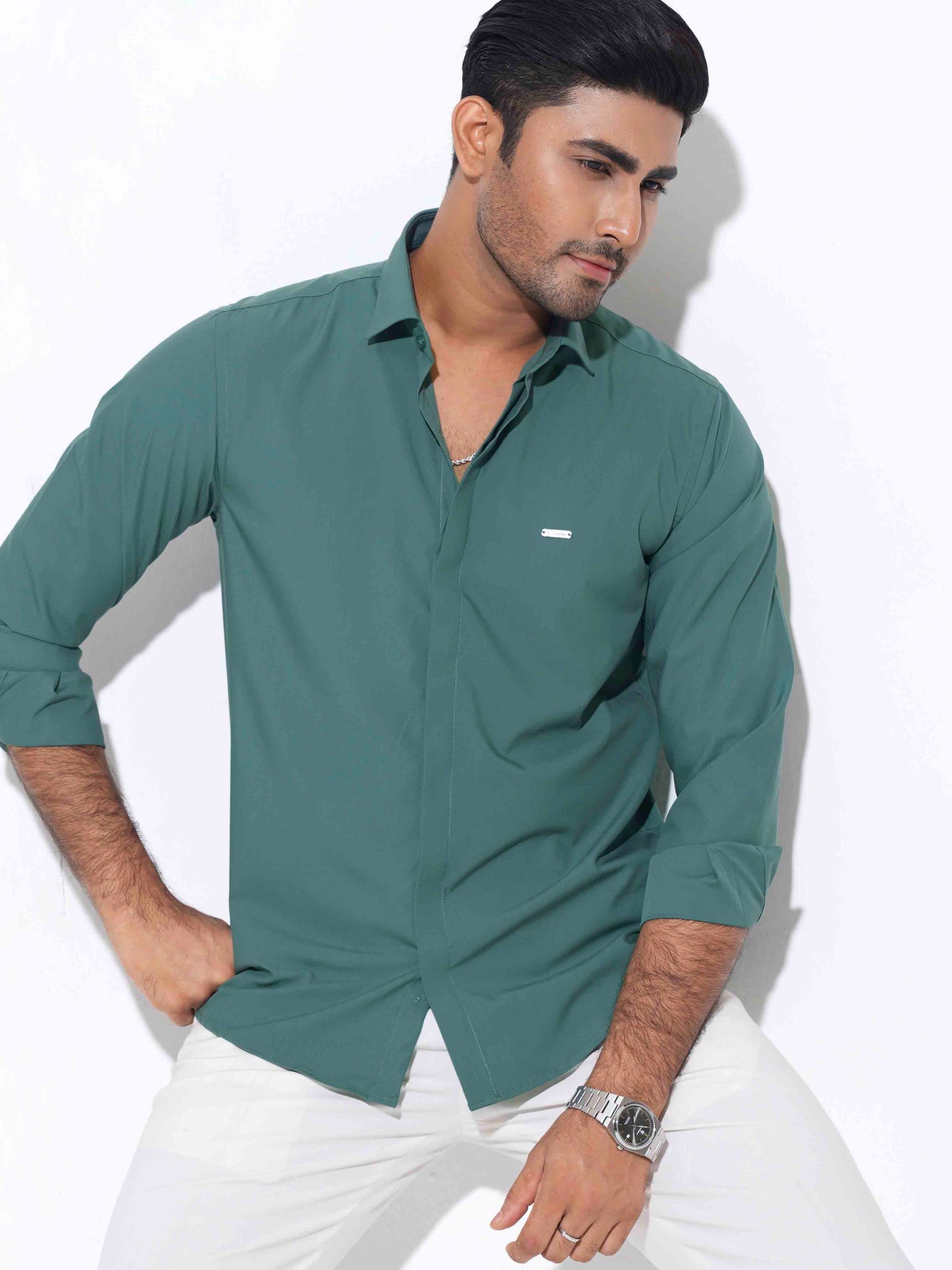 Green color plated solid full sleeve shirt
