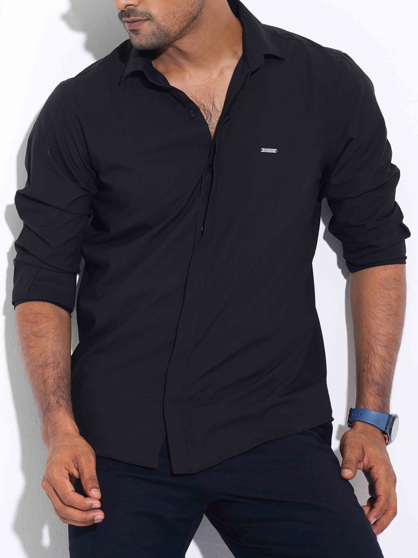Black color plated solid full sleeve shirt