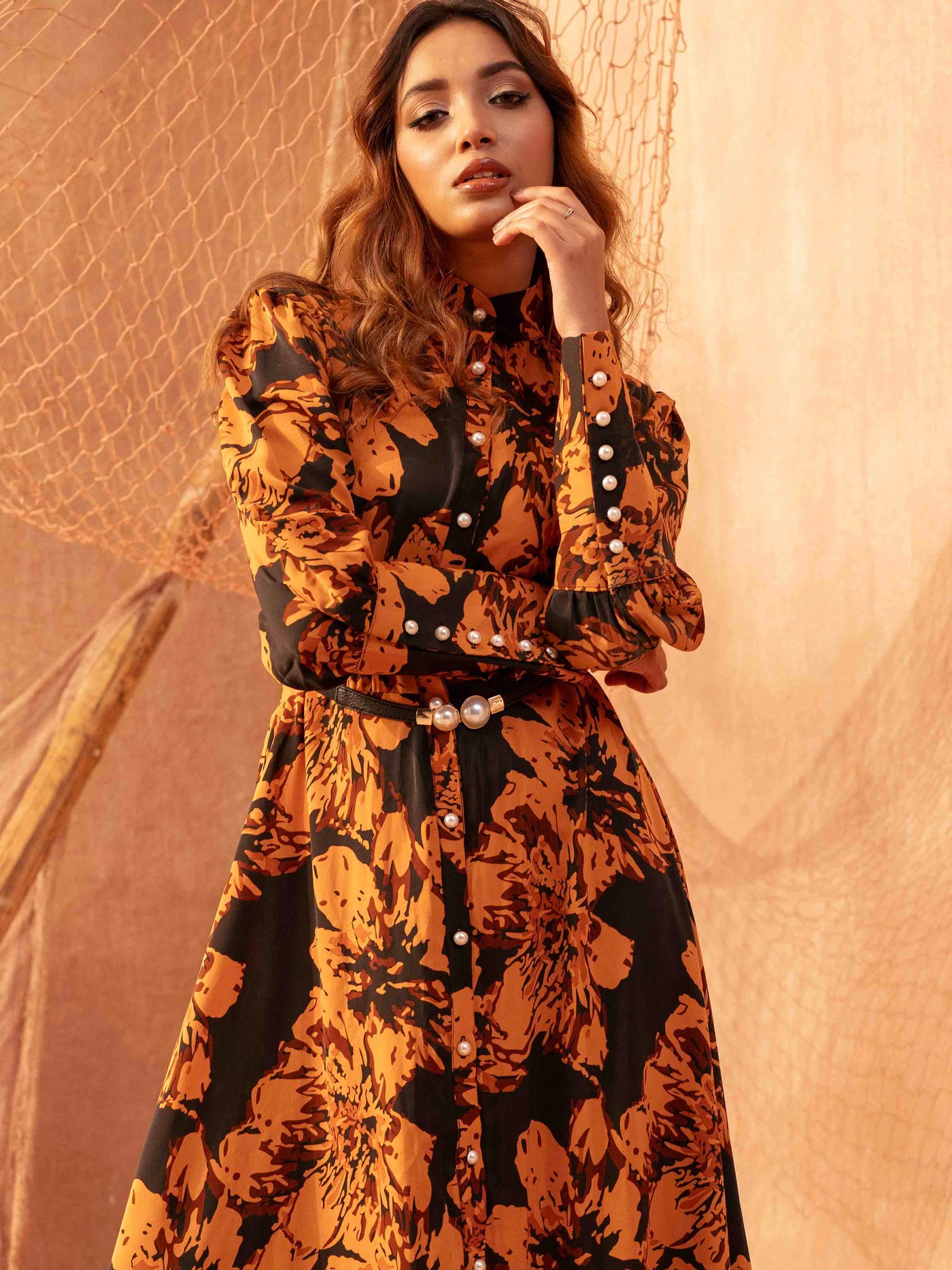 Orange Black printed Female Long Gown