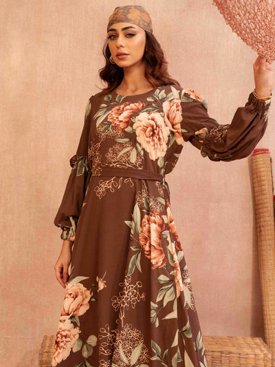 Coffee cream green floral printed Female Long Gown
