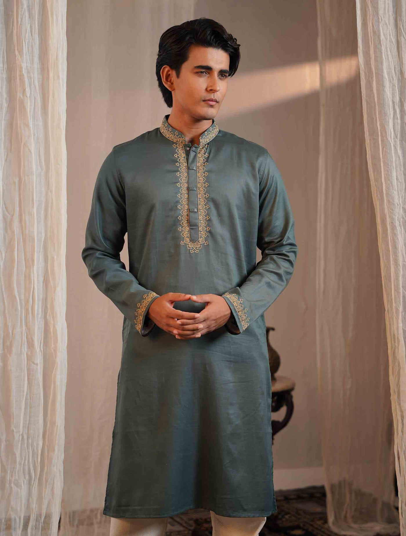 Pastel green mosque dome embroidery panjabi