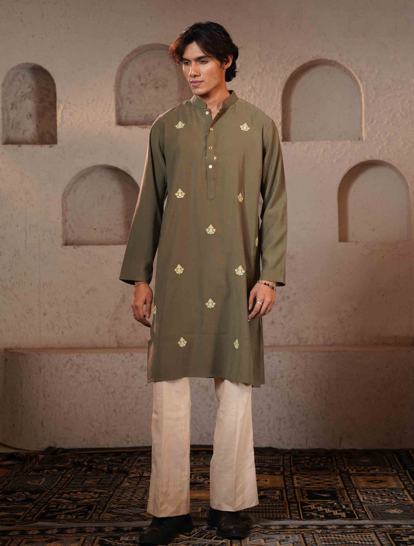 Olive color full body Embroidery premium Panjabi