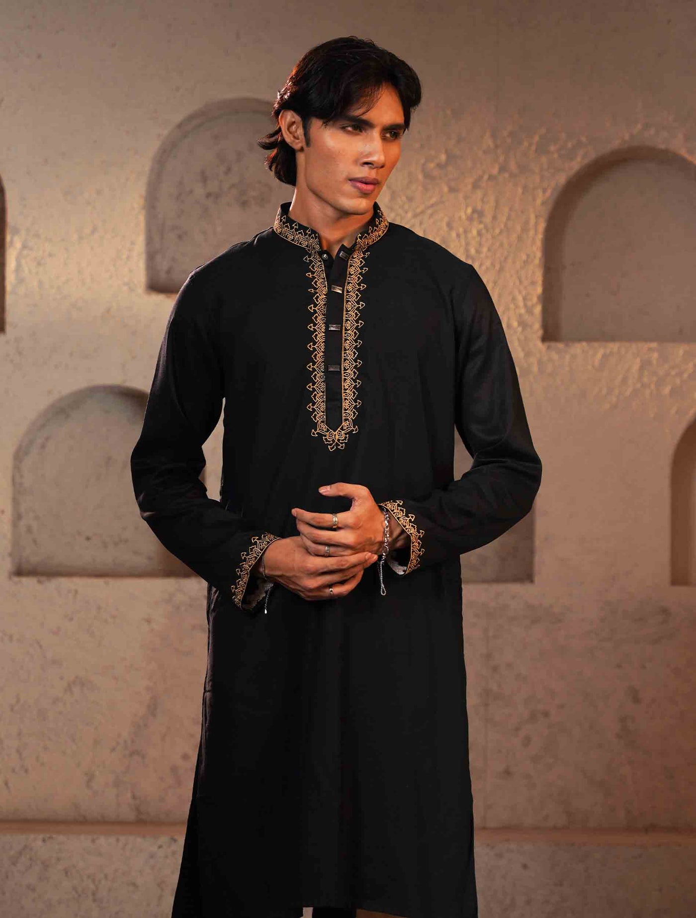 Onyx Black mosque dome embroidery panjabi