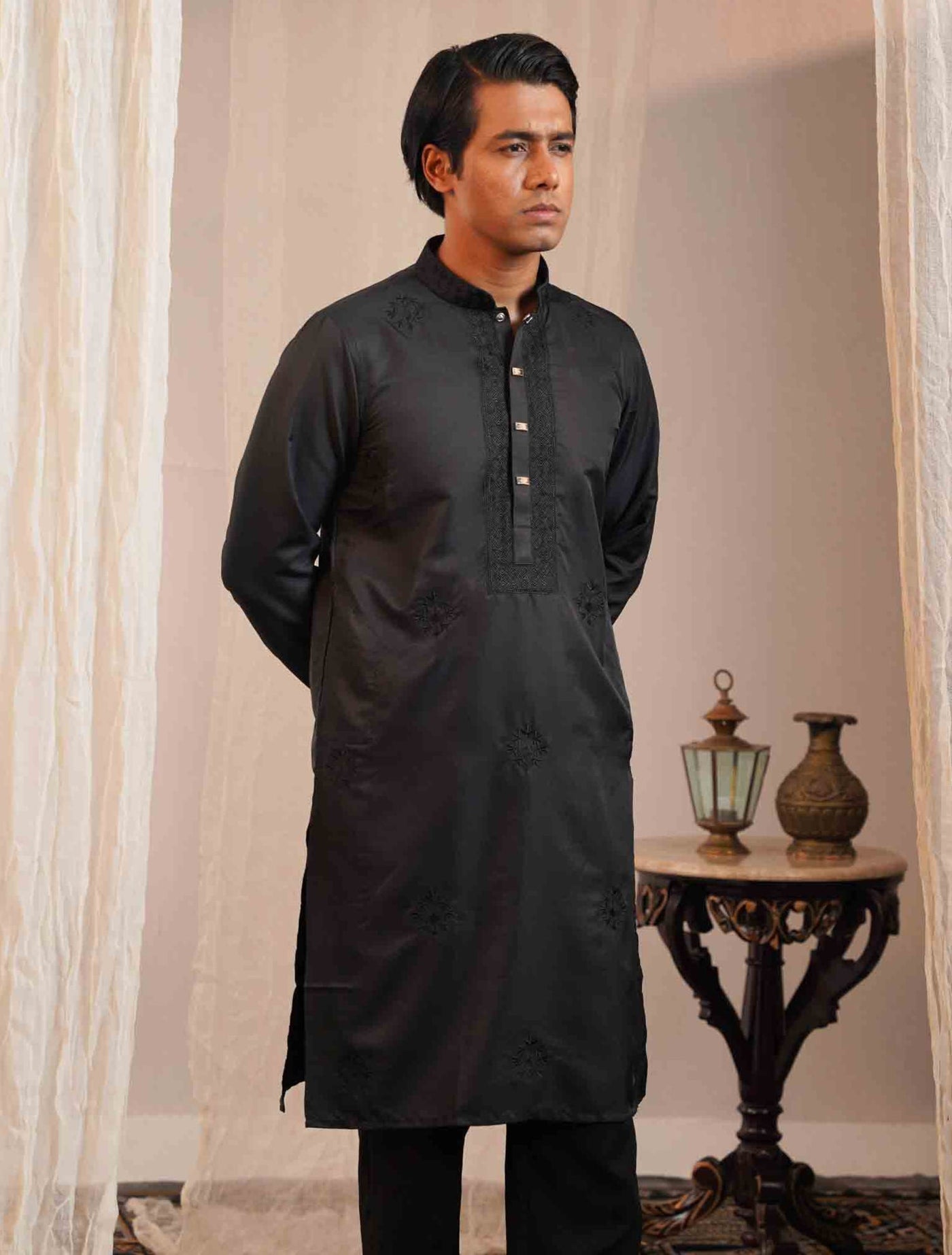 Matte black color full body chest Embroidery premium Panjabi