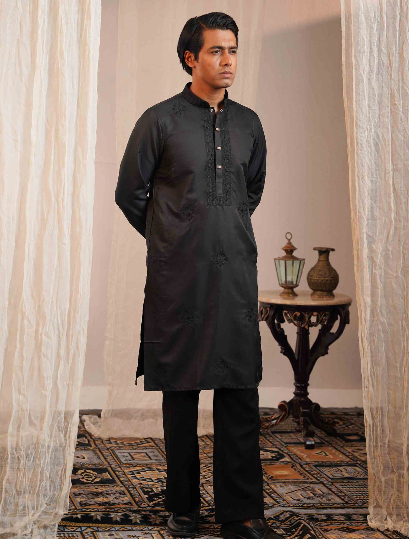 Matte black color full body chest Embroidery premium Panjabi