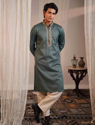 Pastel green mosque dome embroidery panjabi