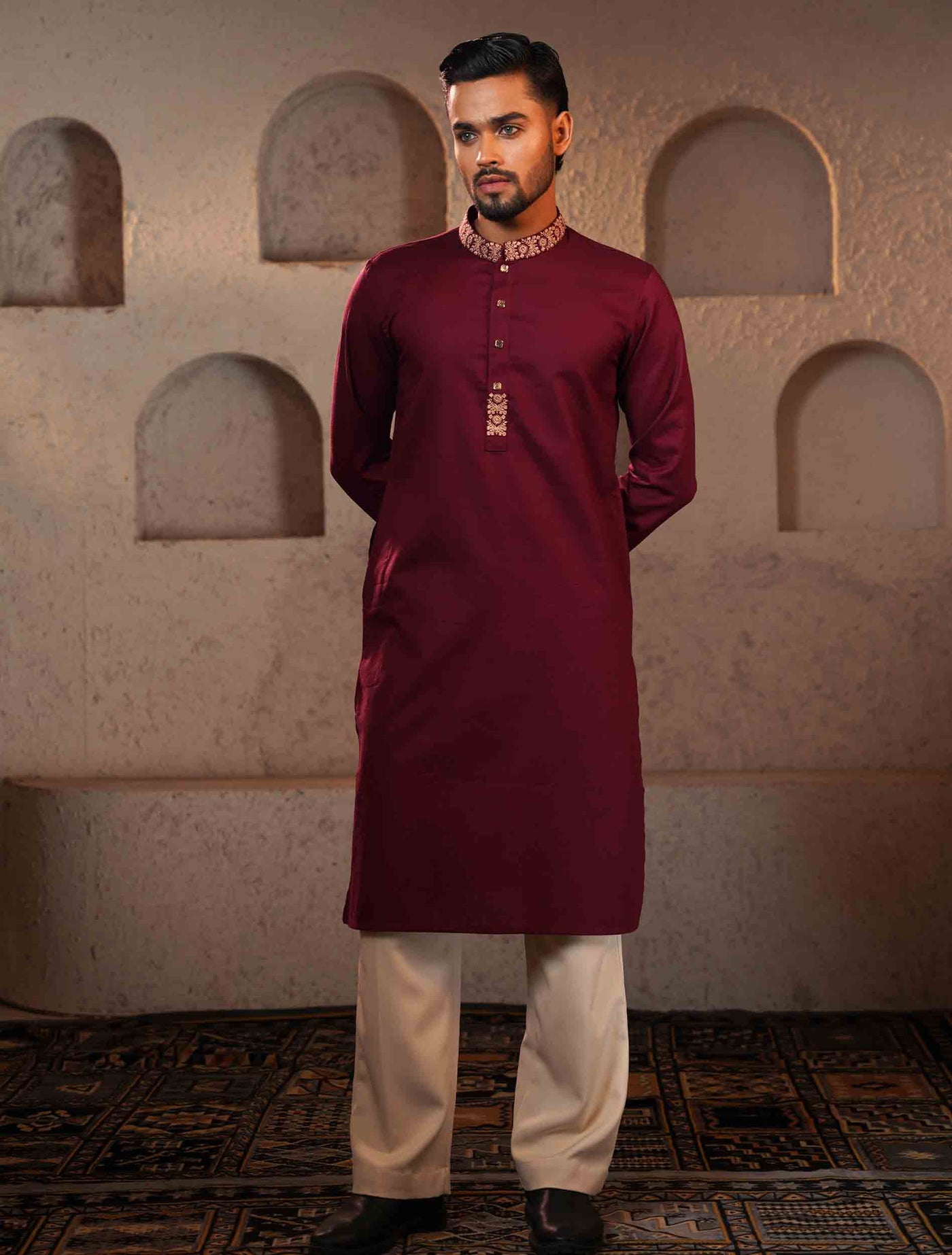 Maroon collar Embroidery design Premium Panjabi