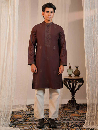 Dark chocolate black collar cuff Embroidery premium Panjabi