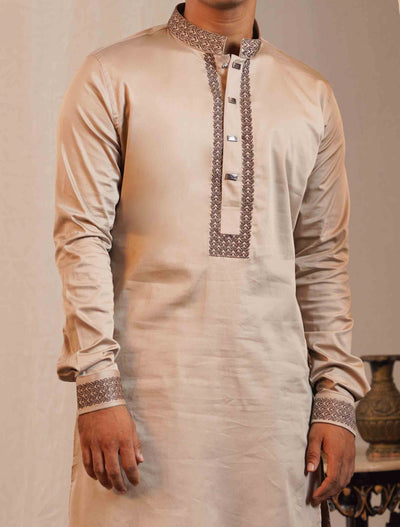 Golden beige black collar cuff Embroidery premium Panjabi