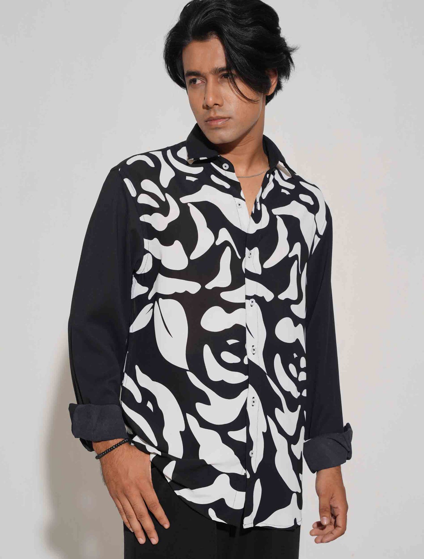 Black white printed hand contrast full sleeve shirt