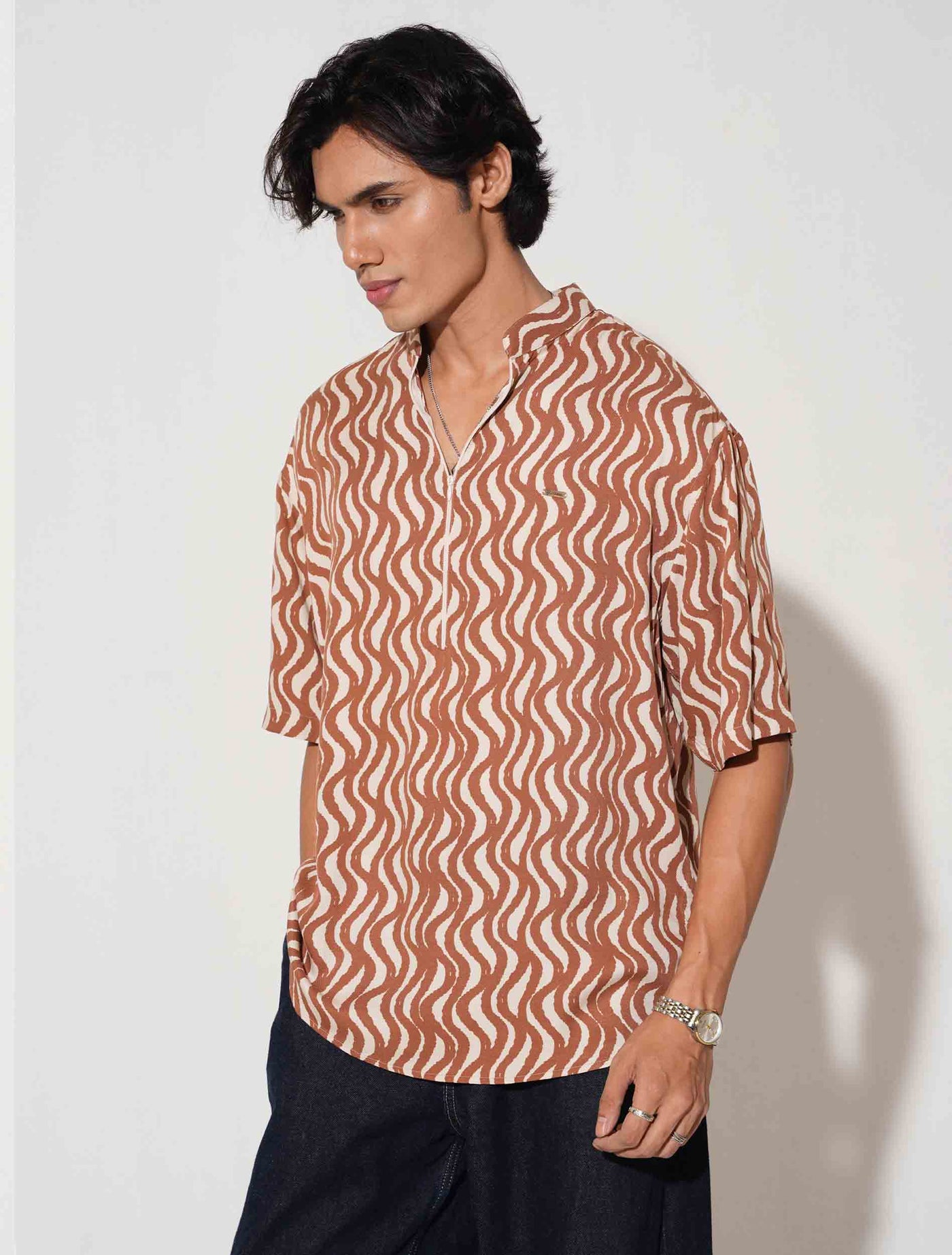 Copper Cream Zipper design drop shoulder half shirt