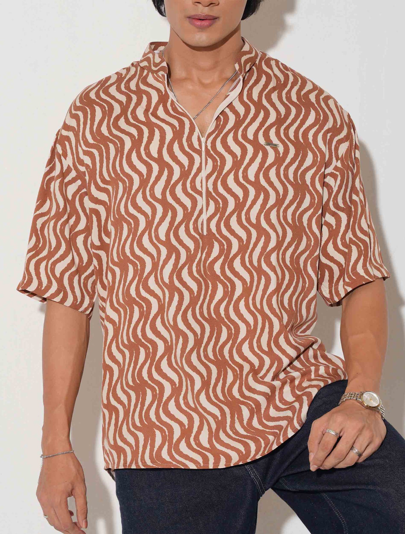 Copper Cream Zipper design drop shoulder half shirt