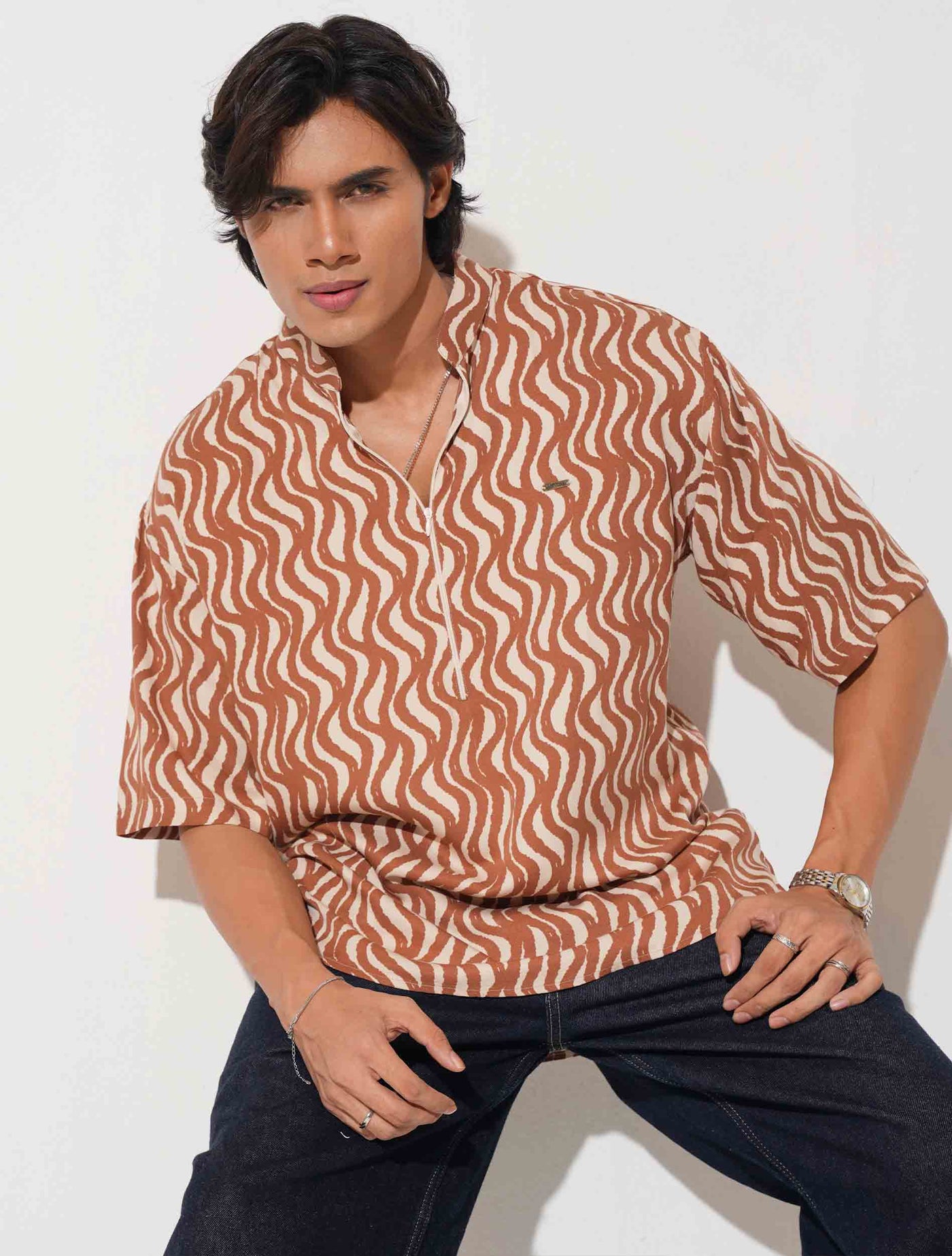 Copper Cream Zipper design drop shoulder half shirt