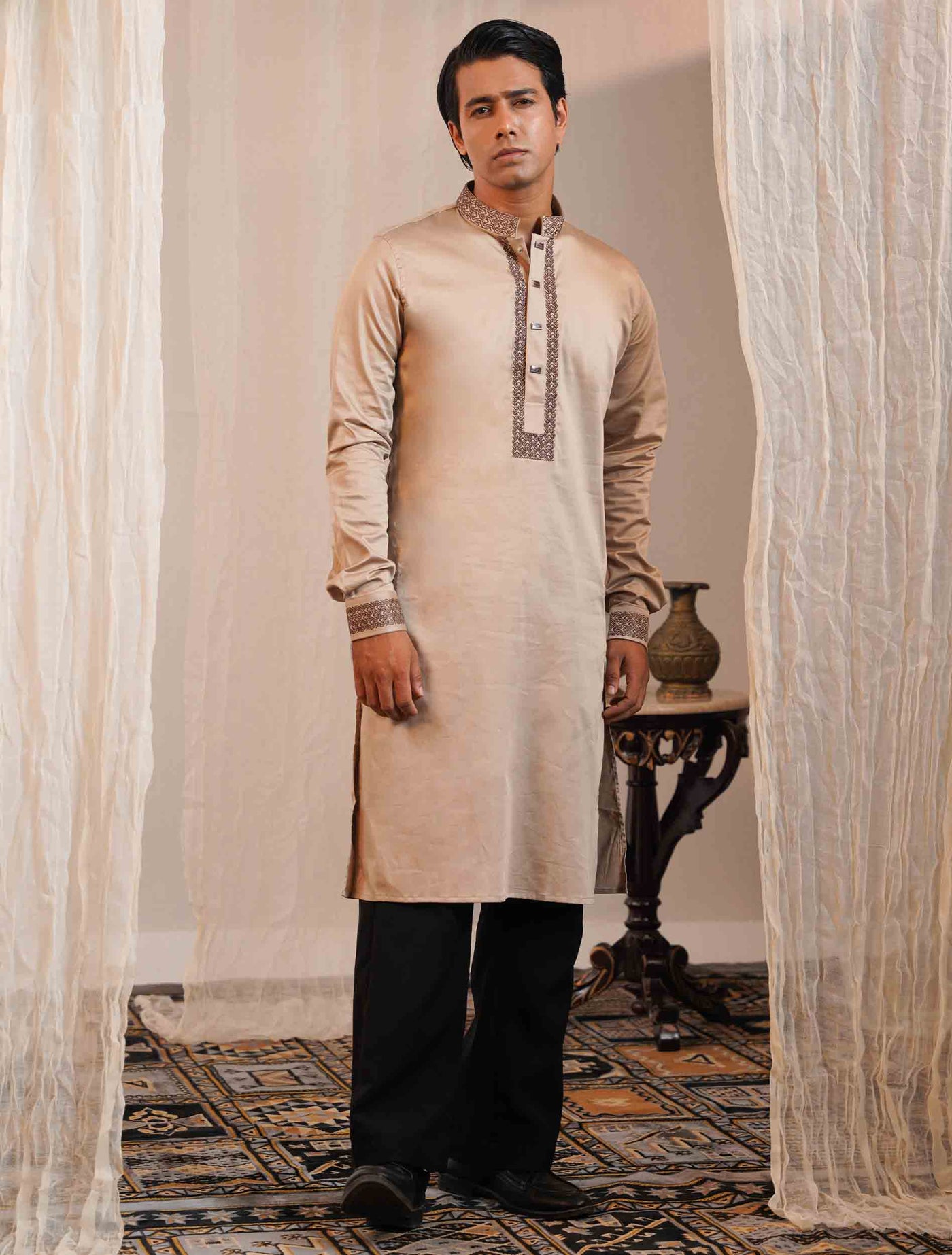 Golden beige black collar cuff Embroidery premium Panjabi