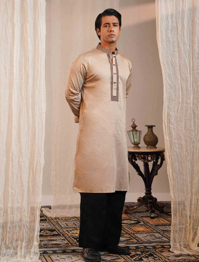 Golden beige black collar cuff Embroidery premium Panjabi