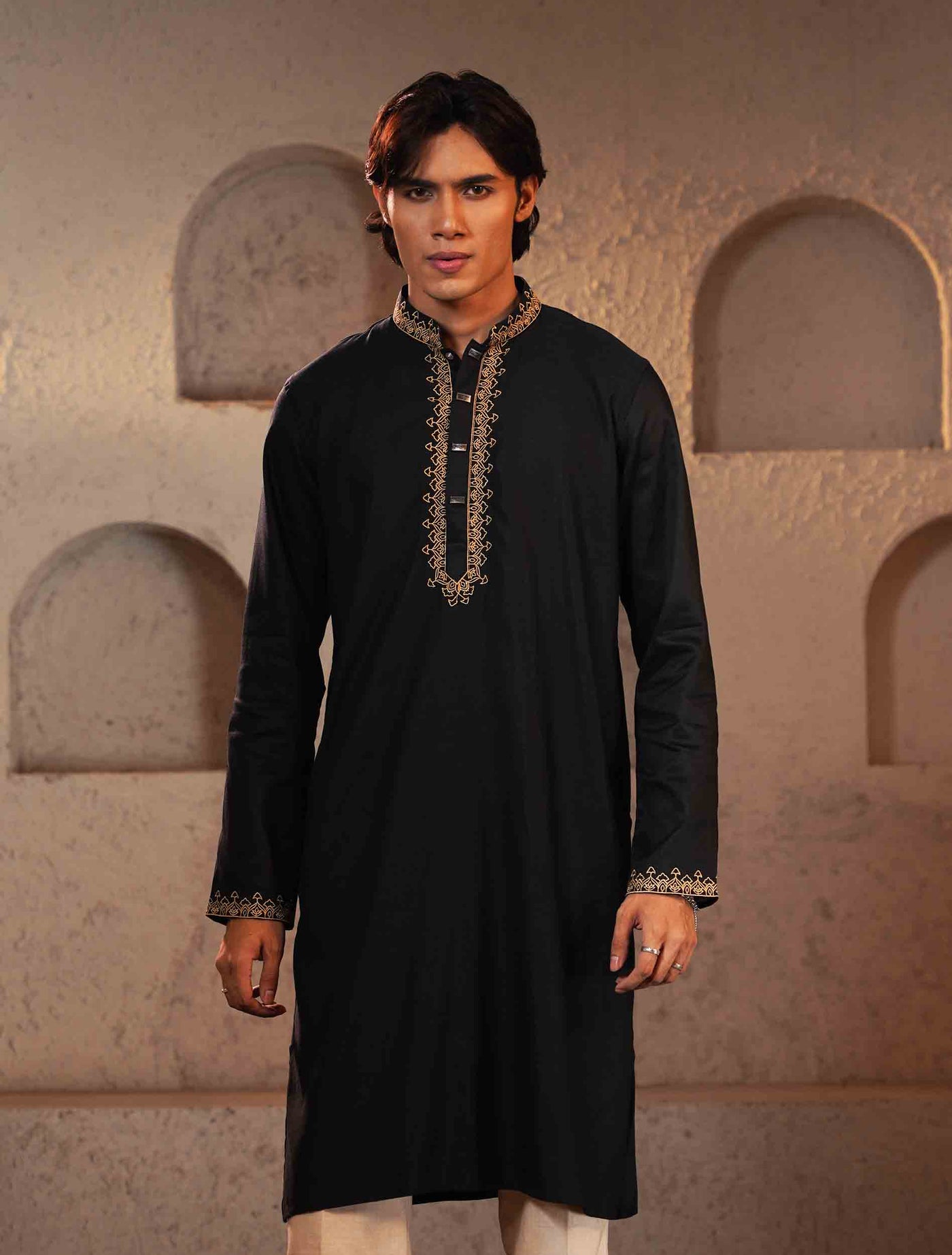 Onyx Black mosque dome embroidery panjabi