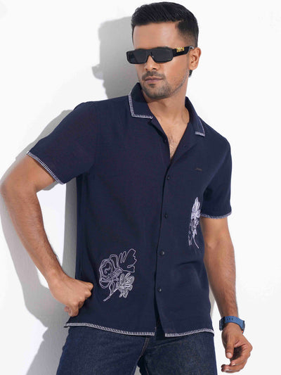 Deep Blue Flower Embroidery Viscos havana shirt