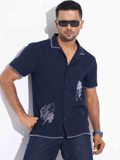 Deep Blue Flower Embroidery Viscos havana shirt