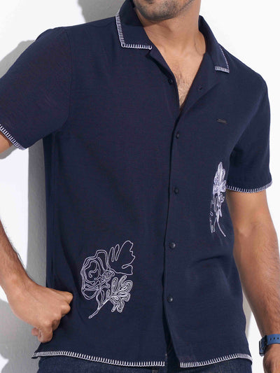 Deep Blue Flower Embroidery Viscos havana shirt
