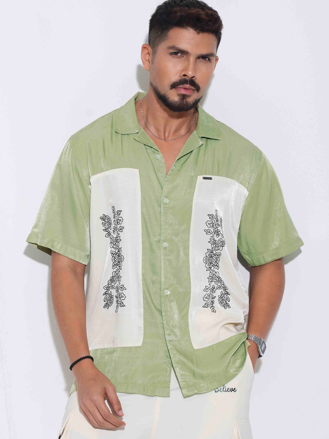 Green color cream embroidey design premium havana shirt