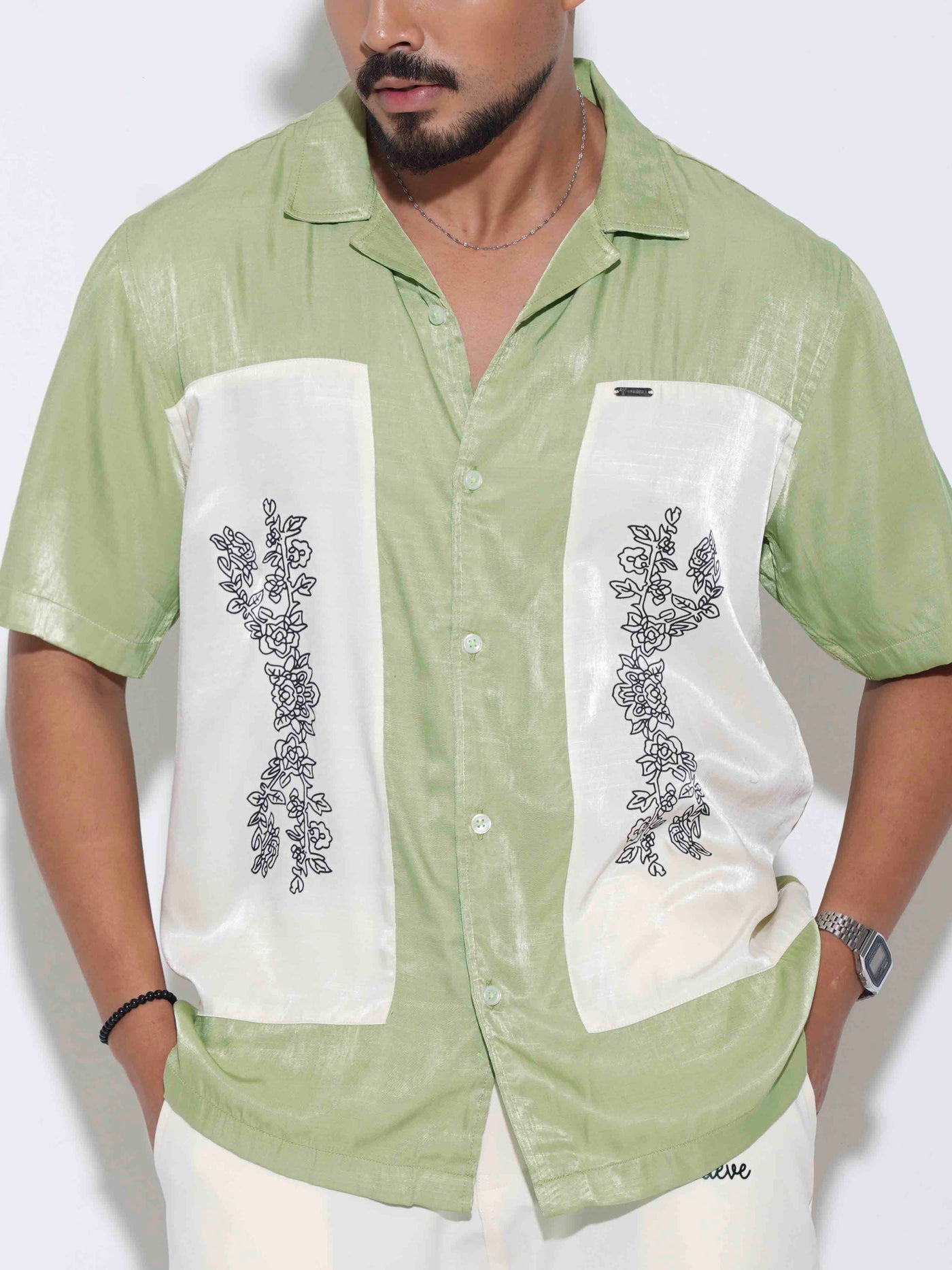 Green color cream embroidey design premium havana shirt