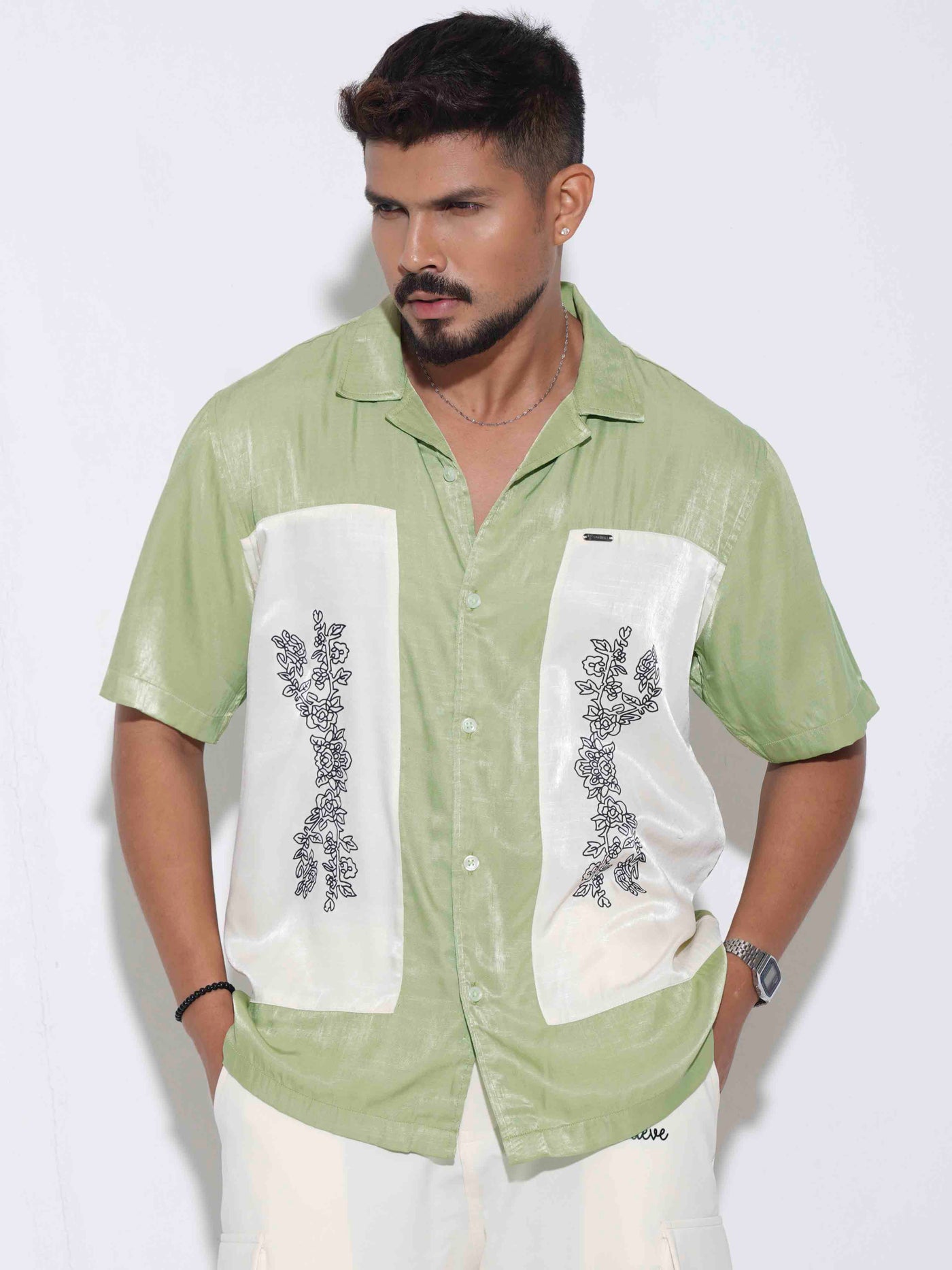 Green color cream embroidey design premium havana shirt