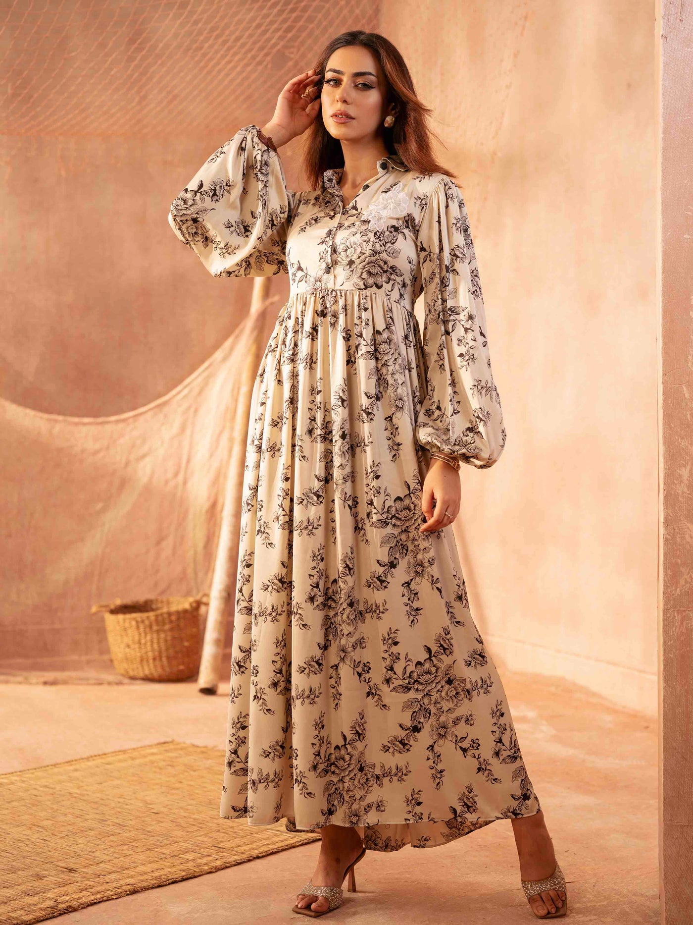 Base Black Leaf printed Female Long Gown